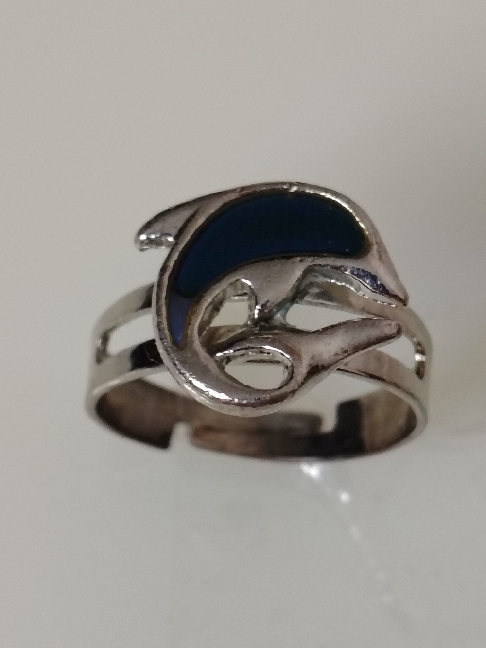 Silver Dolphin Accent Ring with Deep Blue Enamel